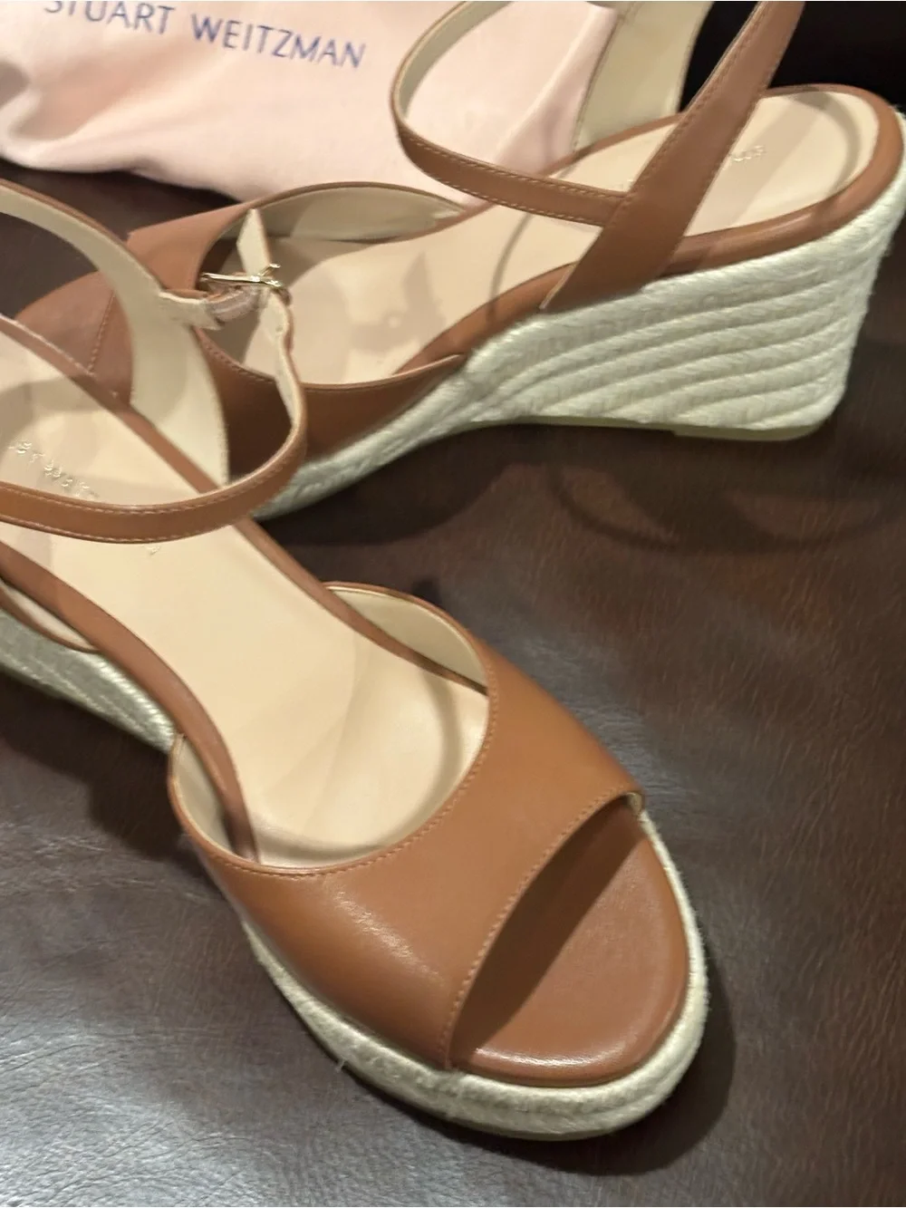 Stuart Weitzman Tan Leather Espadrille Wedge Sandals - Picture 2 of 5